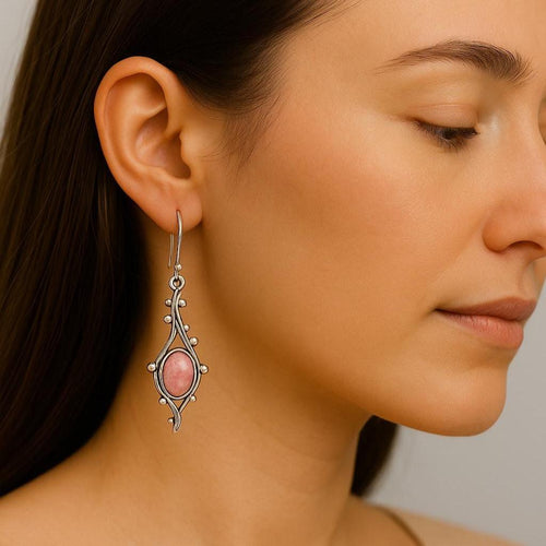 Handcrafted in Peru - 950 Fine Silver Dangle Earrings with Rhodonite