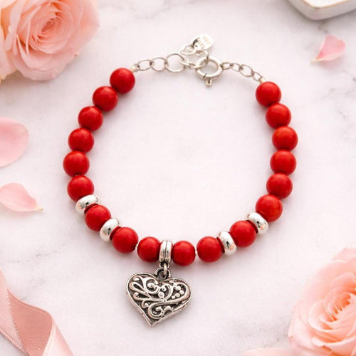 Coral Bead Bracelet, 950 Sterling Silver, Filigree Heart Charm, Handmade in Peru