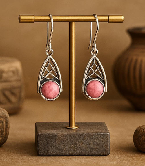 Handcrafted in Peru - 950 Fine Silver Teardrop Filigree Dangle Earrings with Rhodonite