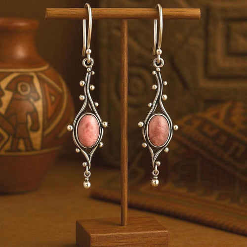 Handcrafted in Peru - 950 Fine Silver Dangle Earrings with Rhodonite