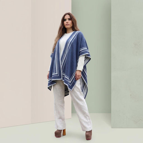 Reversible Alpaca Blend Ruana – Ocean Blue & Gray Striped Wrap, Made in Peru