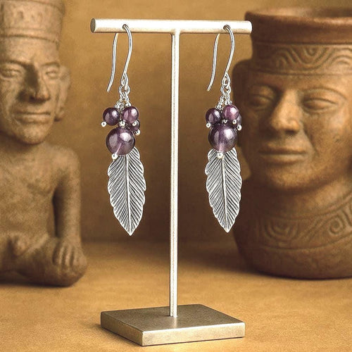 Handcrafted in Peru - 950 Fine Sterling Silver and Amethyst Feather Earrings