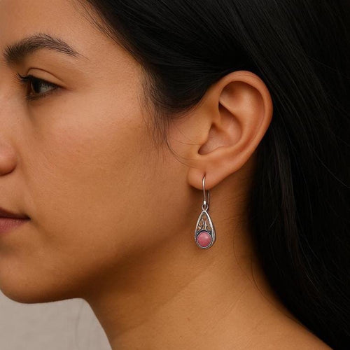 Handcrafted in Peru - 950 Fine Silver Teardrop Filigree Dangle Earrings with Rhodonite
