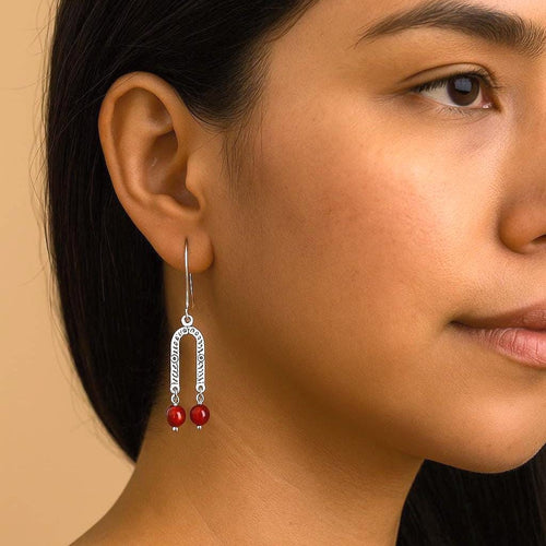 Handcrafted in Peru, 950 Fine Silver & Coral Long Dangle Earrings (3.20 gr. 4.5 cm)