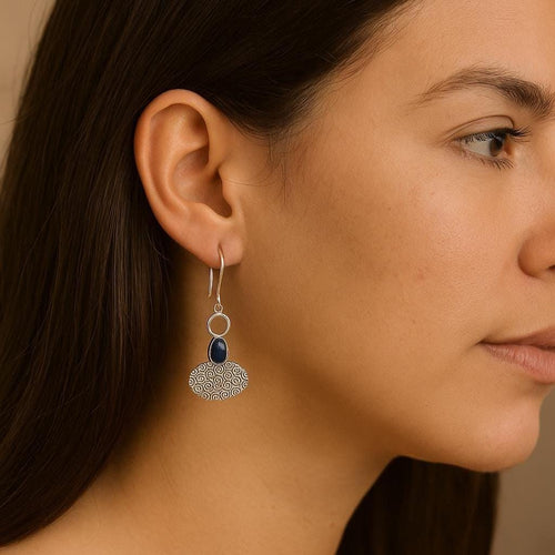 Handcrafted in Peru - 950 Fine Silver & Sodalite Oval Dangle Earrings (4.9g, 4.5 cm)