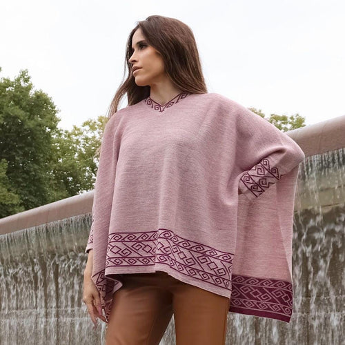 Dusty Rose Alpaca Blend Poncho – V-Neck Chanchan Inspired Sweater, Made in Peru