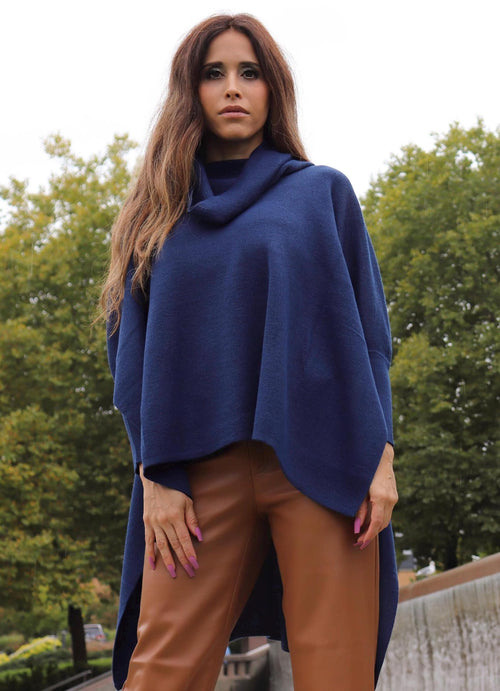 100% Baby Alpaca Poncho Sweater – Dark Navy, Made in Peru
