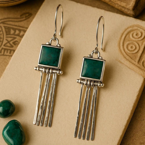 Handcrafted in Peru - 950 Fine Sterling Silver and Chrysocolla Long Dangle Earrings