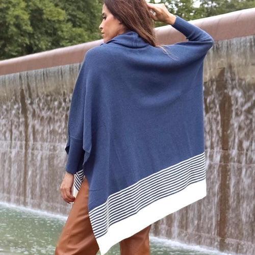 Blue 100% Baby Alpaca Cowl-Neck Poncho Sweater: Striped Peruvian Fashion