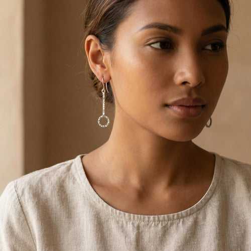 950 Sterling Silver, Oxidized Circle Design Dangle Earrings: Handcrafted in Peru