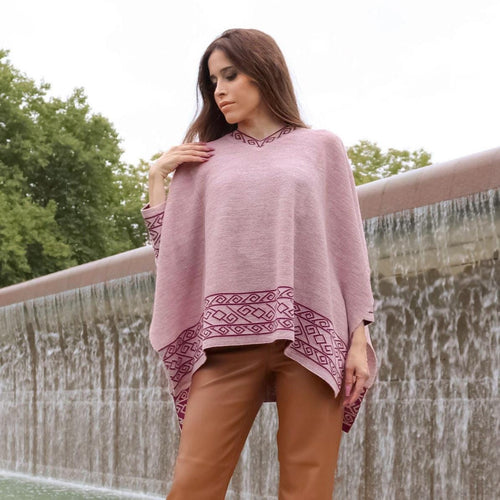Dusty Rose Alpaca Blend Poncho – V-Neck Chanchan Inspired Sweater, Made in Peru