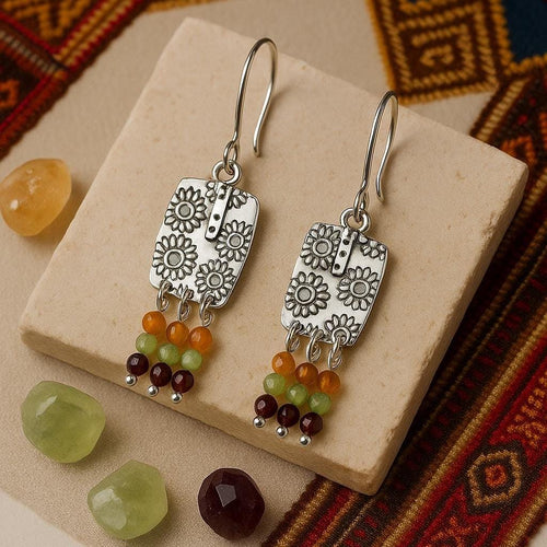 Handcrafted in Peru - 950 Fine Sterling Silver, Citrine, Carnelian & Amethyst, Dangle Earrings