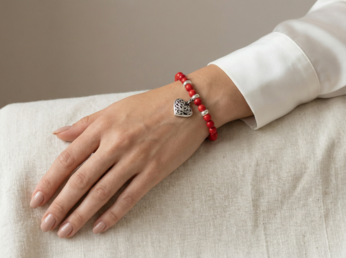 Coral Bead Bracelet, 950 Sterling Silver, Filigree Heart Charm, Handmade in Peru