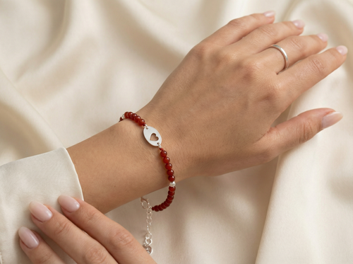 Coral Bead Bracelet, 950 Sterling Silver, Oval Heart Charm, Handmade in Peru