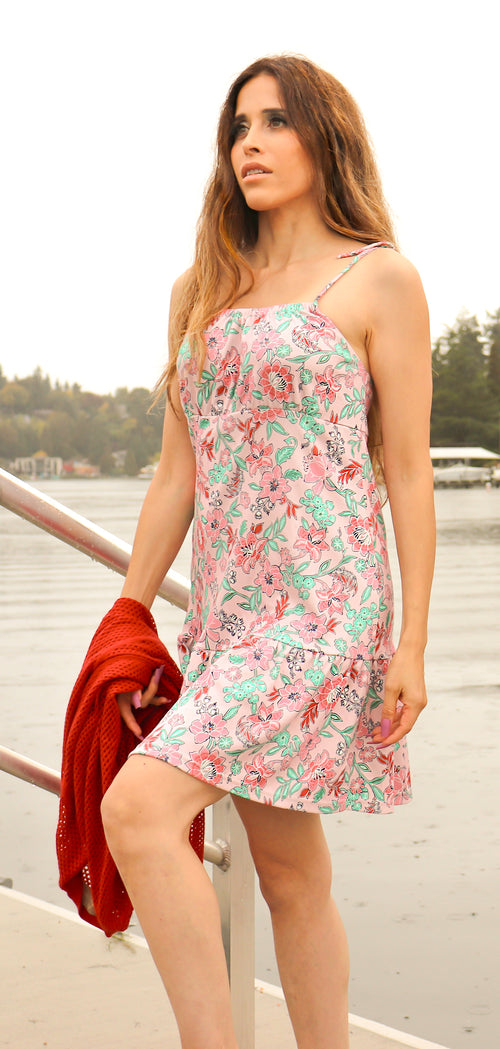 Pink Floral Pima Cotton  Short Tie Strap Dress by Marina