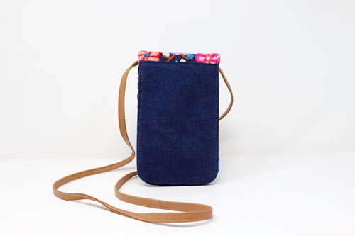 Floral Denim Phone Carrying Bag with Leather Strap - Made in Peru