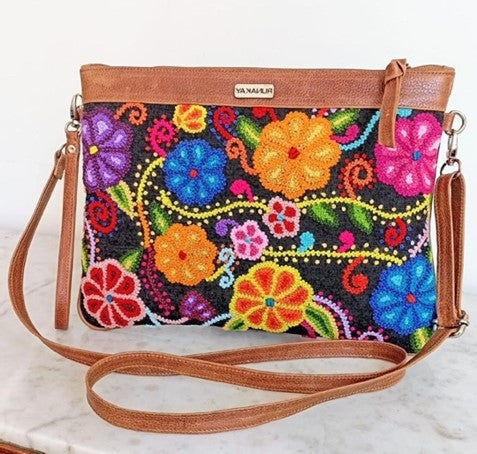 Adjustable Strap Handbag with Embroidered Denim - Made in Peru