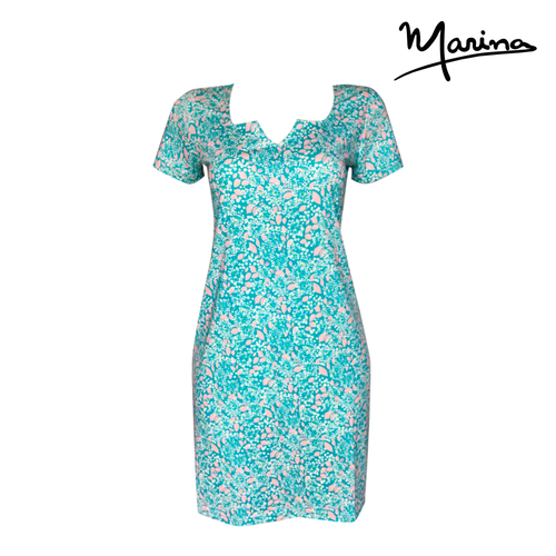 Turquoise Floral Iris Neck Short Sleeve Pima Cotton Short Dress by Marina