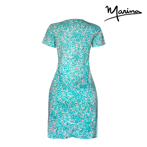 Turquoise Floral Iris Neck Short Sleeve Pima Cotton Short Dress by Marina