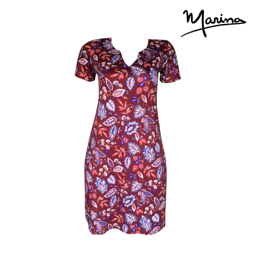 Burgundy Floral Azalea Neck Pima Cotton Short Dress by Marina