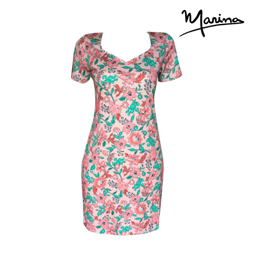 Marigold Neck Pima Cotton Short Summer Dress in Pink or Turquoise Floral Print by Marina