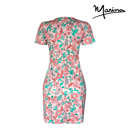 Turquoise Floral Iris Neck Short Sleeve Pima Cotton Short Dress by Marina