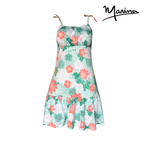 Green Floral Pima Cotton  Tie Strap Short Dress by Marina