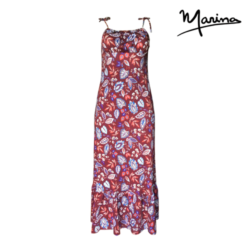 Burgundy Floral Pima Cotton Tie Strap Long Summer Dress by Marina