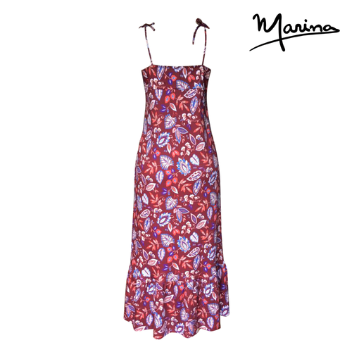 Burgundy Floral Pima Cotton Tie Strap Long Summer Dress by Marina