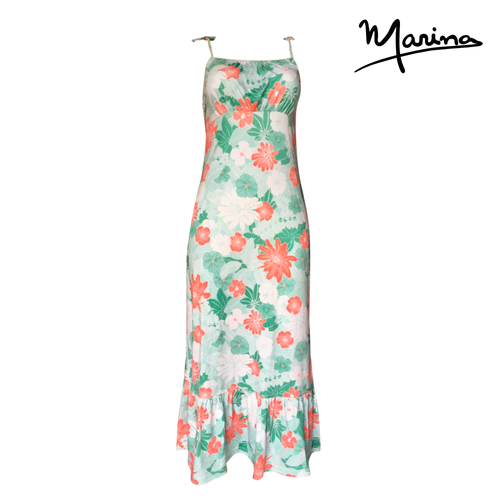 Green Floral Pima Cotton Tie Strap Long Summer Dress by Marina