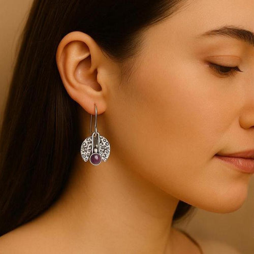 Handcrafted in Peru - 950 Fine Sterling Silver and Amethyst, Long Dangle Earrings