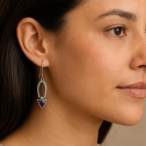 Handcrafted in Peru- 950 Fine Silver &  Amethyst Geometric Earrings  (6.0 g, 5.0 cm)