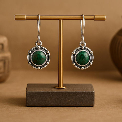 Handcrafted in Peru- 950 Fine Silver & Chrysocolla Round Artisan Earrings