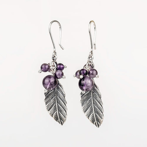 Handcrafted in Peru - 950 Fine Sterling Silver and Amethyst Feather Earrings