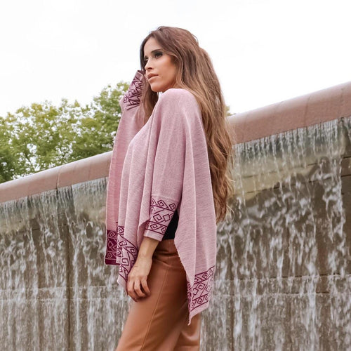 Dusty Rose Alpaca Blend Poncho – V-Neck Chanchan Inspired Sweater, Made in Peru