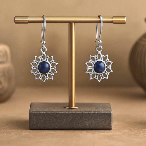 Handcrafted in Peru - 950 Fine Silver & Sodalite Filigree Sunburst Earrings (5.9gr 5.0 cm)
