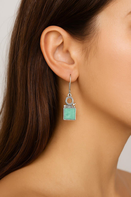 Handcrafted in Peru, 950 Fine Silver & Amazonite, Dangle Square Earrings (8.20gr, 4 cm)