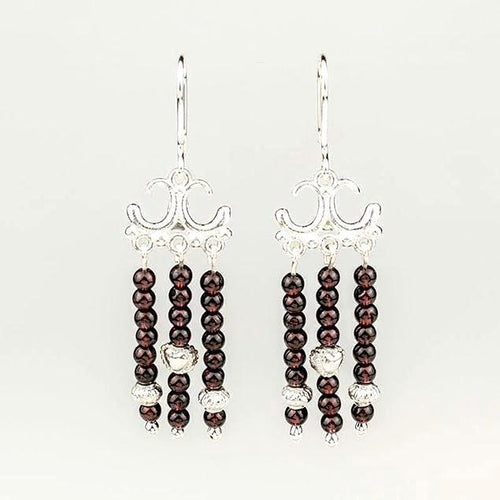 Handcrafted in Peru - 950 Fine Silver & Garnet Triple-Strand Dangle Earrings (9.5 g, 5.5 cm)