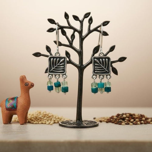 Handcrafted in Peru - 950 Fine Sterling Silver, Chrysocolla and Peruvian Andean Opal, Dangle Earrings