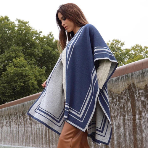 Reversible Alpaca Blend Ruana – Ocean Blue & Gray Striped Wrap, Made in Peru