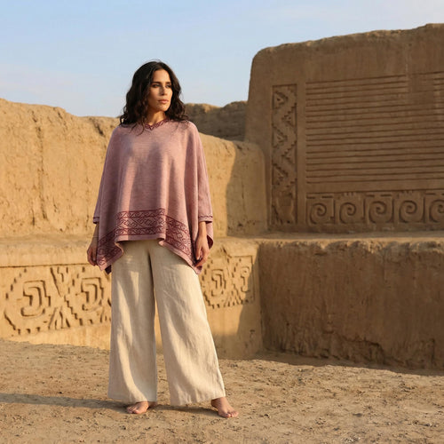 Dusty Rose Alpaca Blend Poncho – V-Neck Chanchan Inspired Sweater, Made in Peru