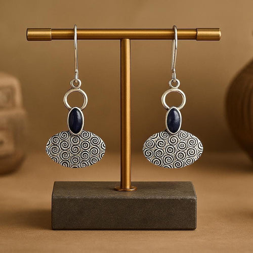 Handcrafted in Peru - 950 Fine Silver & Sodalite Oval Dangle Earrings (4.9g, 4.5 cm)