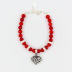 Coral Bead Bracelet, 950 Sterling Silver, Filigree Heart Charm, Handmade in Peru