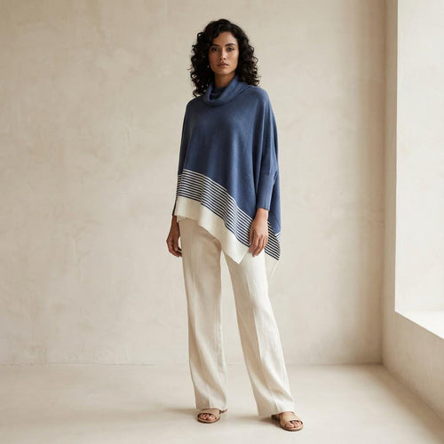 Blue 100% Baby Alpaca Cowl-Neck Poncho Sweater: Striped Peruvian Fashion
