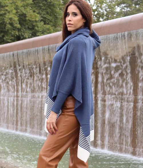 Blue 100% Baby Alpaca Cowl-Neck Poncho Sweater: Striped Peruvian Fashion