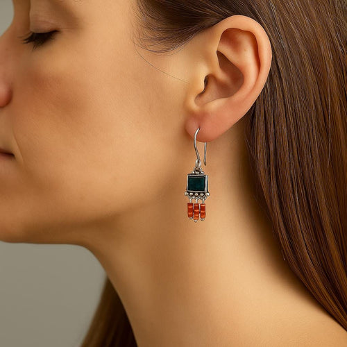 Handcrafted in Peru, 950 Fine Silver, Orange Spondylus &  Chrysocolla Square Dangle Earrings