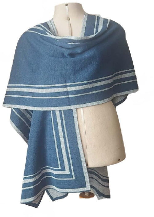 Reversible Alpaca Blend Ruana – Ocean Blue & Gray Striped Wrap, Made in Peru