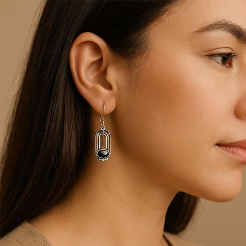 Handcrafted in Peru- 950 Fine Silver & Black Onyx Art Deco Drop Earrings (10.8g 4.0cm)