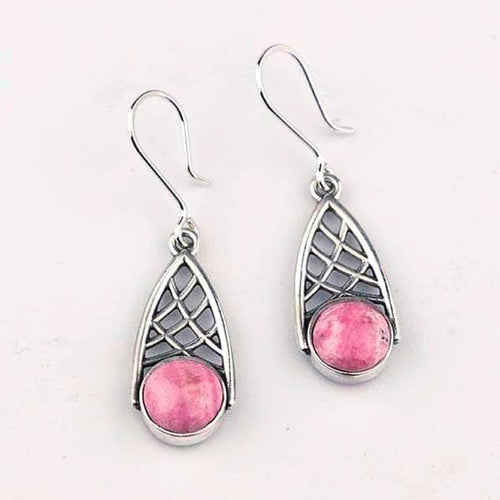 Handcrafted in Peru - 950 Fine Silver Teardrop Filigree Dangle Earrings with Rhodonite