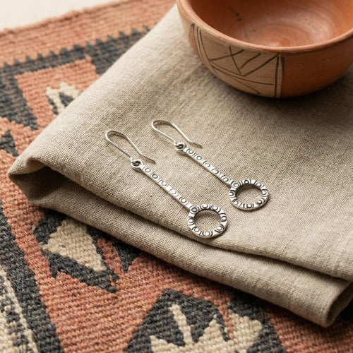 950 Sterling Silver, Oxidized Circle Design Dangle Earrings: Handcrafted in Peru